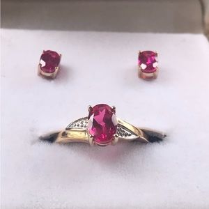 NEW Ruby RED & Diamond RING w/Ruby earrings,10 kt y. Gold Size 7